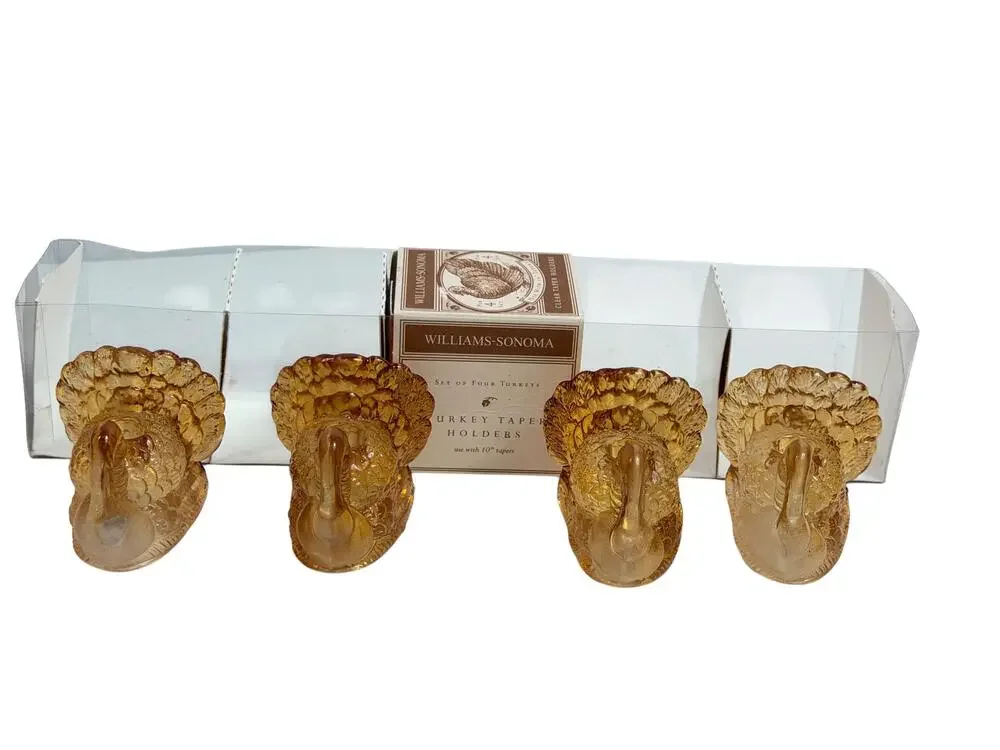 Williams-Sonoma Turkey Glass Taper Candle Holders Set Of 4 Brown Thanksgiving